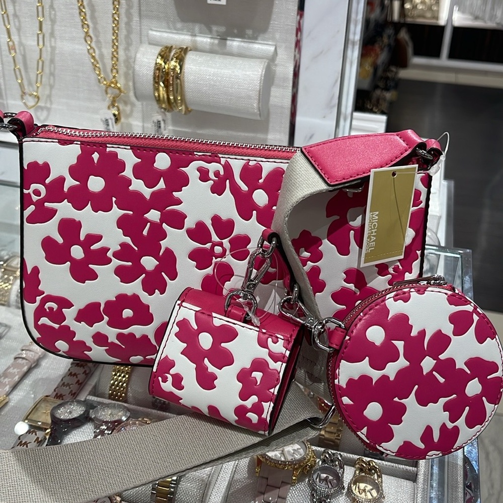 MICHAEL KORS Jet Set Sm Sequined Floral Print Crossbody Bag Case Apple Airpod - Picture 12 of 16